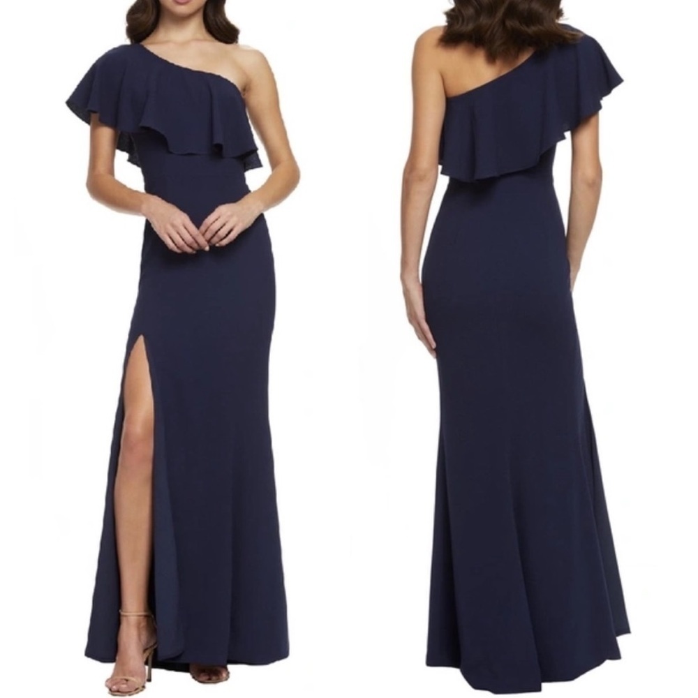 Dress the Population Frida One‎ Shoulder Crepe Gown in Midnight Blue Side Slit